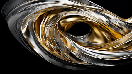 a swirling design featuring gold and silver hues on a black background. this abstract minimalism-inspired image showcases chrome-plated, sculpted forms with a sculptural expression. captured in uhd resolution using tilt-shift lenses, it offers a mesmerizing depth of layers. ai generatedの素材
