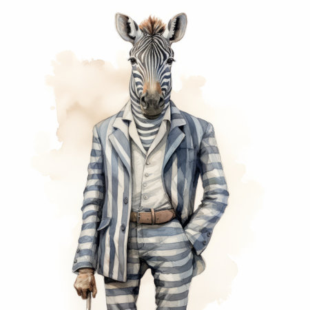 a striped zebra wearing a suit is depicted in this street style realism illustration. the artwork showcases fantasy characters with light indigo and light bronze tones. the monochromatic ink washes bring out the intricate details of the zebra's costume. the illustration also features imaginative prison scenes, adding depth to the overall composition. ai generatedの素材