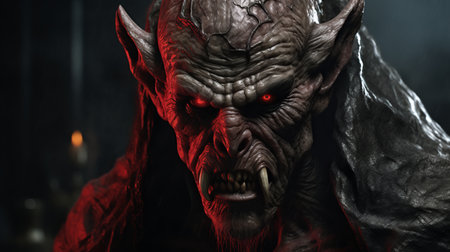 a demon with intense red eyes emerges in a dark and atmospheric setting, reminiscent of the style rendered in unreal engine. the artwork showcases the realistic detailing of marcin sobas, the precise detailing of magali villeneuve, and the detailed craftsmanship of peter howson. ai generatedの素材