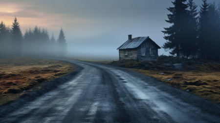 winter scene with mist-covered mountains and a cozy log house, captured in a fantastical street style reminiscent of a national geographic photo. this breathtaking image showcases the beauty of norwegian nature, creating a serene and captivating atmosphere. ai generatedの素材