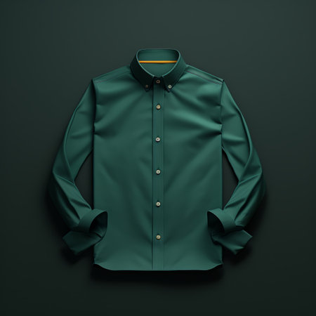 a mens green shirt, in the style of hyperrealistic illustrations, lies on a dark background. the precise craftsmanship and smooth, polished appearance of the shirt showcase its dark cyan and gold colors. the stark minimalism of the composition highlights the colorful and elegant nature of this clothing piece. ai generatedの素材