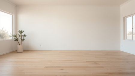 empty room with white walls and hardwood floor, captured in stunning 8k resolution. the minimalist painter's touch is evident, showcasing the subtle tonal variations in this minimalistic japanese-inspired space. shot with the tokina opera 50mm f/1.4 ff lens, the 32k uhd image highlights the calming hues of orange and beige. ai generatedの素材