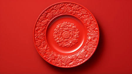 red plate on a vibrant red background, this royalty-free stock photo showcases intricate details reminiscent of highly detailed foliage, zbrush sculpting, baroque animals, organic sculpting, and detailed still lifes. the composition exudes a fusion of the song dynasty and modern-baroque styles. ai generatedの素材