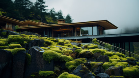 sleek hillside house design by olson kundig captured in a stunning green architecture photograph. the foreground features a close-up of blurred algae, adding a natural element to the composition. shot in 8k from a cinematic perspective, the image showcases professional color grading, epic volumetric lighting, and sharp focus. taken with a sony alpha a7 iii camera and a sony fe 24-105mm f/4 g oss lens,の素材