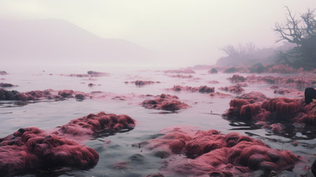 large pink algae float in the water, creating an eerie dreamscape. this realistic landscape showcases soft, tonal colors that bring a sense of tranquility. the photograph captures the coastal scenery of northern china's terrain, with colorized installations that add a touch of light red to the scene. ai generatedの素材