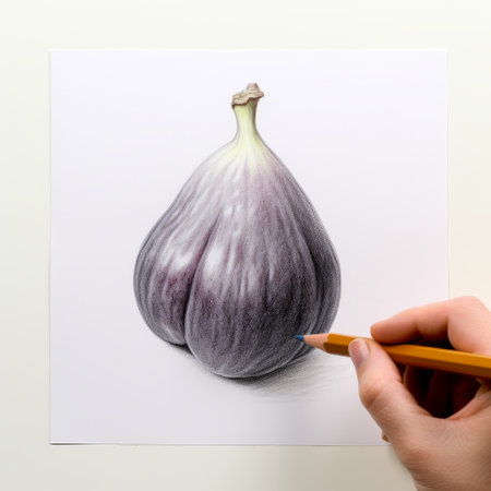 a fig coloring pencil is depicted in this image, showcasing the style of airbrush art by martin rak and serge marshennikov. the pencil is held in a hand, while the artwork features bulbous shapes and a color palette of violet and gray. the precise perspective and naturalistic proportions add to the overall aesthetic of the composition. ai generatedの素材