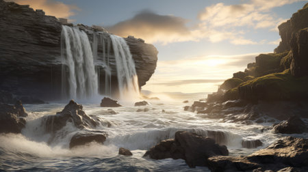 a breathtaking photo capturing a majestic waterfall cascading over cliffs, reminiscent of the stunning landscapes found in unreal engine. this national geographic-worthy image showcases the beauty of light-filled seascapes and layered, atmospheric landscapes. with its 32k uhd resolution, it transports viewers into a world of danish golden age-inspired scenery, complete with ethereal god rays. ai generatedの素材