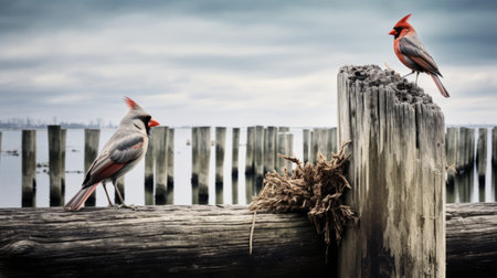 two birds perched on a wooden post by a lake, showcasing the essence of new york city. the silver and red tones add a touch of vibrancy to the soft-focus portraits. the maritime scene, with its distressed and weathered surfaces, tells a captivating visual story. the tangled nests add an intriguing element to the overall composition. ai generatedの素材