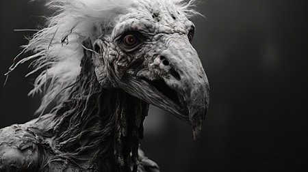 a black and white horcrux portrait of a bald creature, resembling a life-like avian illustration, created using cinema4d. this artwork combines elements of jan matejko's style, wildlife photography, filthy sculptures, henritte ronner-knip, and saturated pigments. ai generatedの素材