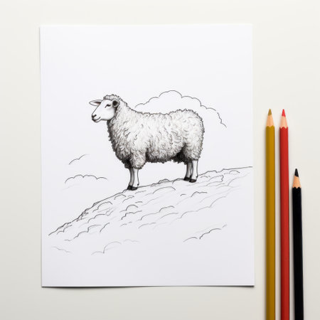 a free coloring sheet for kids featuring a hyper-realistic sheep drawing in the style of dan matutina. the illustration showcases detailed pen strokes and minimalist monochromatic landscapes inspired by the himalayan art. the color palette includes light yellow and dark red tones, reminiscent of john sloane's artwork. ai generatedの素材