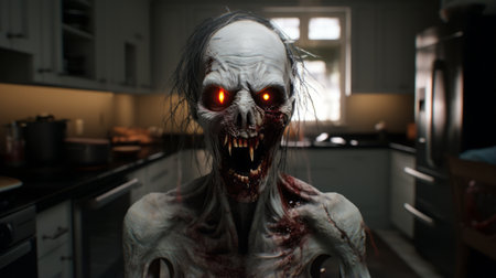 a zombie in the kitchen 2d wallpaper featuring a rendered image in the style of charles spencelayh. the wallpaper showcases a zombie with shiny eyes in dark white and dark amber colors. the intense close-ups and fisheye lens effect add a unique touch to the image, which is rendered in unreal engine. perfect for those looking for a spooky and captivating wallpaper for their backgrounds.の素材