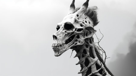 an abstract drawing of an old giraffe's skull, resembling hyper-realistic sculptures. the stark black-and-white photography captures the intricate details of this nature-inspired installation. this uhd image showcases the artist's talent for creating site-specific works and detailed costumes, evoking a sense of medieval fantasy. ai generatedの素材