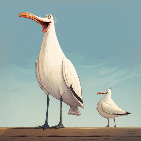 a seagull is captured in a side view shot, while a big dane sits and looks to its right. the illustration style resembles the works of oliver jeffers and vintage book illustrations, with a touch of magic realism. this official art is a detailed, digital illustration in 8k full hd, reminiscent of a storybook illustration. ai generated