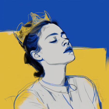 a digital drawing of margaret, inspired by cecil beaton, features a crown on her head. the drawing, created on a wacom tablet, showcases expressive lines in the style of matisse. the use of fine-tip pen in white and yellow adds depth to the image. with a resolution of 32k and super-resolution technology, this artwork offers a high-quality, uhd viewing experience. ai generatedの素材