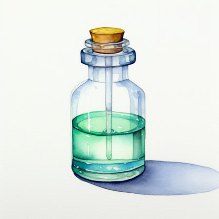 a pencil illustration of a bottle of watercolor green liquid, showcasing the style of optical color mixing. this meticulous still life captures the essence of scientific illustrations with its vibrant shades of light azure and amber. ai generatedの素材