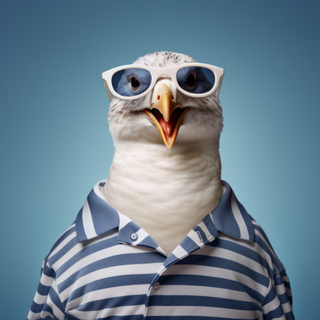a sea eagle, in the style of conceptual portraiture, is captured wearing a shirt and hat, along with sunglasses, against a vibrant blue background. this captivating image, rendered in cinema4d by the talented artist john wilhelm, showcases a unique blend of striped patterns and normcore fashion. the composition exudes the charm and character reminiscent of the iconic photographer bert stern's work. ai generatedの素材