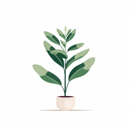 a tropical potted plant is showcased against a white background, featuring flat colors and minimalist strokes. the dark white and light green hues create a soothing atmosphere, enhanced by the soft atmospheric perspective. this energy-filled illustration captivates with its clean and streamlined design, offering a visually pleasing experience. ai generatedの素材