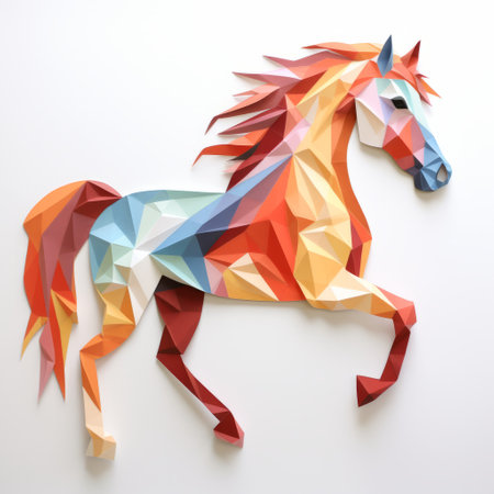 a colored paper cut horse with a horn stands out in this sketchfab photo. the precision-oriented geometric forms and precisionist lines and shapes give it a unique appeal. the organic sculpting and faceted shapes add depth to the artwork. the colorful storytelling is enhanced by the light azure and orange hues. ai generatedの素材