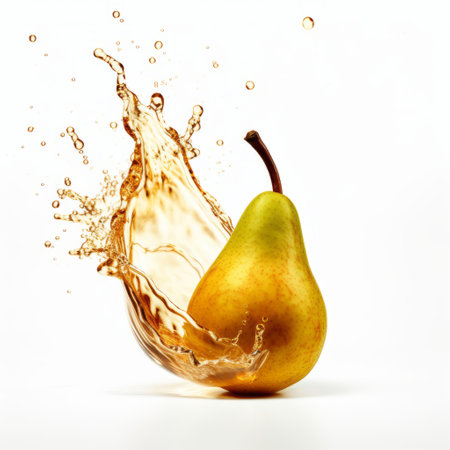 an orange pear splats with liquid around it, showcasing high-key lighting and a color palette of dark gold and light gold. this dynamic image captures the essence of duckcore, a style popularized by artists like wlad safronow and marcin sobas. the free-flowing lines and emphasis on action add a sense of movement and energy to the composition. ai generatedの素材