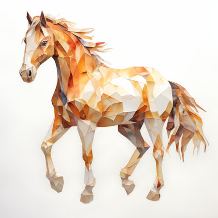 a stylized horse, inspired by multifaceted geometry, is captured in motion against a white background. the horse's colors are a combination of light orange and light brown, creating a visually striking effect. this artwork resembles life-sized installations and delicate paper cutouts, with a touch of hyper-realistic animal illustrations. the image is digitally enhanced and created by the talented artist dariusz zawadzki. ai generatedの素材