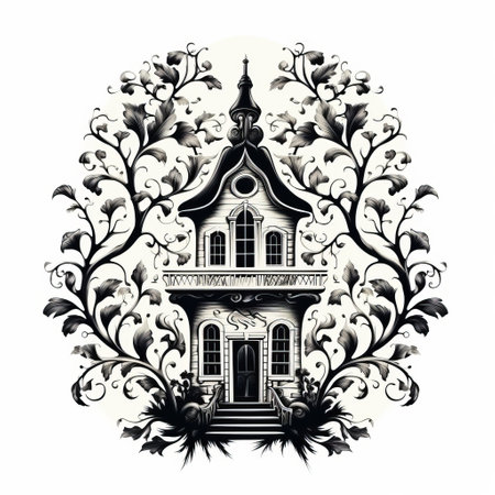 vintage house graphic design vector clip art featuring a gothic dark and moody style. the intricate foliage adds a touch of elegance to the design, with a combination of dark white and light black colors. this faith-inspired art showcases illusory realism and incorporates elements of rococo art and design, reminiscent of beautiful embroidery. ai generatedの素材
