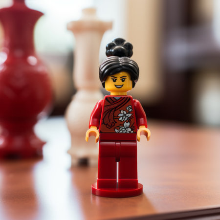 a lego girl in a red dress sits on a table, showcasing asian-inspired motifs. this macro photograph captures a mix of masculine and feminine elements, with unpolished authenticity. the character caricatures come to life through the lens of a canon 50mm f095, utilizing focus stacking techniques. ai generatedの素材