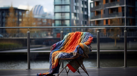 colorful blanket draped over chairs in a garden, capturing the essence of a cityscape photographer's style. this british topographical-inspired image showcases a creased yet modern and sleek aesthetic. the romantic riverscapes add a touch of tranquility to the scene. captured with a nikon d750, the silver and orange tones create a captivating visual experience. ai generatedの素材