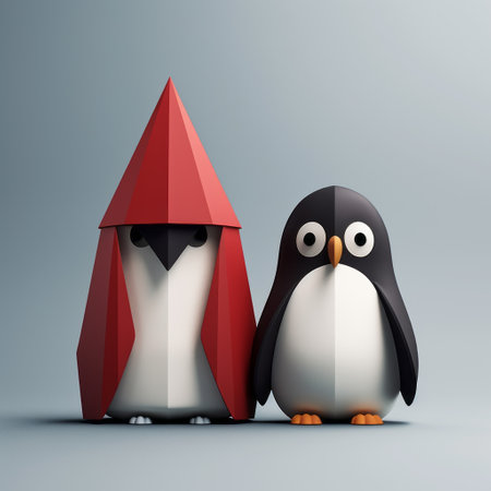 two penguins, wearing hats, stand together in a minimalist geometric precision style. rendered in cinema4d, the dark red and light gray colors enhance their quirky characters. the faceted forms of these innovative konica big mini objects create a visually captivating scene. ai generatedの素材