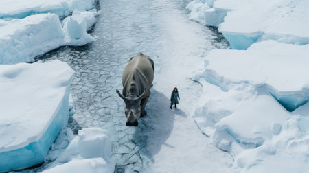 elizabeth walking through a glacier with a rhinoceros following, captured from a high-angle perspective with a wide-angle lens. the composition highlights the natural beauty of the surroundings and elizabeth's connection with nature, while the playful presence of the rhinoceros adds an intriguing element. ai generatedの素材