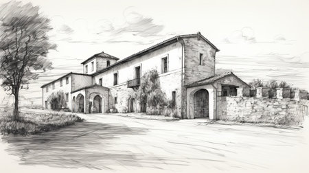 an old building along the road, reminiscent of italian landscapes, is depicted in this sketch. the photorealistic renderings capture the precisionist style, showcasing the reduced-scale architecture with arched doorways. the organic stone carvings add a touch of elegance to the rustic simplicity of the scene. ai generatedの素材