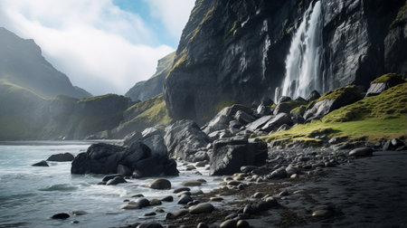 a stunning photograph showcasing a breathtaking waterfall nestled near majestic mountains, with the vast expanse of the ocean and sky as its backdrop. this captivating image, reminiscent of scenes rendered in unreal engine, captures the essence of nature's beauty. with influences from artists like nick alm and govaert flinck, this high-definition image combines the charm of lively coastal landscapes with a touch of ps1 graphics.の素材