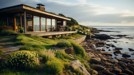 a small cliff, in the style of timber frame construction, separates the ocean from the house. the romantic landscape vistas, captured through schlieren photography, create a rich and immersive experience. the light green and dark gold hues complement the 20th-century scandinavian style, enhancing the organic architecture of the scene. ai generatedの素材