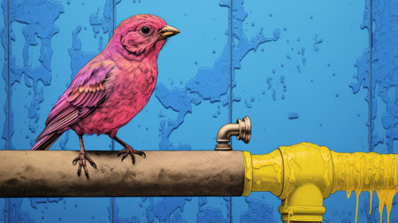 a small pink animal perched on a yellow water pipe, showcasing life-like avian illustrations. this hyper-realistic urban artwork combines precisionist elements with a color palette of dark azure and magenta. with satirical commentary, the piece captivates viewers with its realistic detail and intricate illustrations. ai generatedの素材