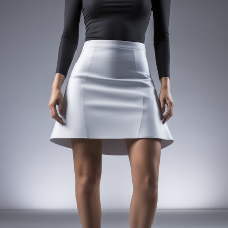 a woman wearing a white skirt and black sweater stands in a balanced design, against a matte background. the frontal perspective captures her sleek metallic finish, while the uhd image showcases the exquisite clothing detail. this paleocore-inspired photo is a stunning representation of modern fashion. ai generatedの素材