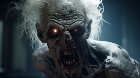 a zombie, wearing a head covering, closely inspects a flashlight in this close-up photo. rendered in unreal engine, the image showcases a mix of light indigo and red tones, with realistic detailing. the scene exudes a dynamic and action-packed atmosphere, featuring hyper-detailed renderings that align with the grandparentcore aesthetic. ai generatedの素材