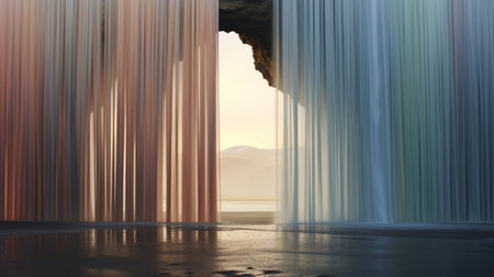 a photo of a mesmerizing waterfall cascading down rainbow-colored walls, creating an infinity screen effect. the image showcases a surrealistic composition with luxurious drapery in muted tones. the photorealistic detail captures the serene atmosphere, enhanced by the light blue and dark beige hues. the addition of light pink and orange adds a touch of vibrancy to this surreal still life. ai generatedの素材