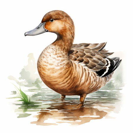 a watercolor illustration of a running duck in water, featuring a realistic animal portrait style. the artwork showcases a combination of light brown and cyan colors, reminiscent of the dansaekhwa technique. the duck's distinctive character design is highlighted through intricate brushstroke fields, resulting in a detailed and captivating illustration. ai generatedの素材