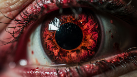 the iris of a human eye is captured in this documentary-style photograph, showcasing a unique blend of zombiecore and hyper-realistic sci-fi elements. the vibrant colors of orange and crimson create a striking contrast, reminiscent of a national geographic photo. the image exudes a sense of horror manga inspiration, with a focus on textural detail. ai generatedの素材