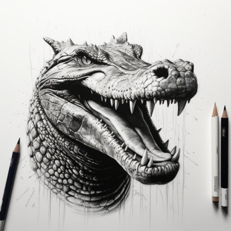 a hyperrealistic pencil drawing by agm featuring a dark and brooding cartoon alligator head. this photorealistic composition showcases the artist's edgy street art style, with intricate illustrations and detailed hunting scenes. the uhd image captures the fine details of the alligator head, creating a visually stunning piece of art. ai generatedの素材