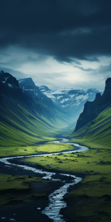 a stunning photograph of a glacier surrounded by majestic mountains in the background. this captivating image, taken by johannes voss, showcases the beauty of nature and the grandeur of icy landscapes. with its front-facing perspective and nostalgic vibes, this 4k vertical wallpaper is perfect for those seeking a visually striking and high-quality phone wallpaper. ai generatedの素材