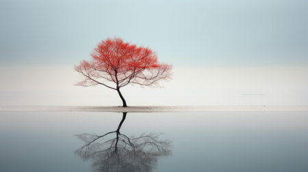 a single tree stands at the center of the photo, surrounded by a serene and calm atmosphere. the tree's reflection in the water creates a beautiful red mirroring effect. the ethereal minimalism style, inspired by sana takeda, is evident in the soft focus and the use of light blue and black tones. the overall image exudes a serene and tranquil feeling. ai generatedの素材