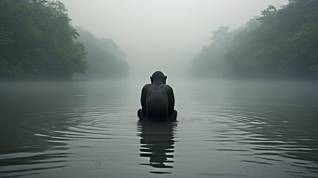 buddha statue standing alone in water, captured in a wildlife photography style. mist surrounds the majestic elephants, creating a dark and gritty subject matter. candid moments are beautifully captured, showcasing the essence of sumatraism and angura kei. ai generatedの素材