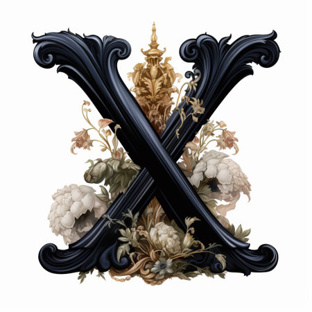 a black, floral-themed letter x is depicted in this digitally manipulated image. inspired by baroque realism and the works of alexandre calame, the portrait showcases exquisite clothing detail and a realistic usage of light and color. with hidden meanings and a touch of vanitas, this artwork is a captivating blend of artistry and symbolism. ai generatedの素材