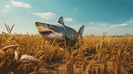 a shark gracefully moves through a golden wheat field, showcasing a stunning photorealistic rendering. the artwork captivates with explosive pigmentation and intricate hard surface modeling. the contrasting colors of dark white and amber add depth and realism to the scene. the photorealistic accuracy and exaggerated expressions make this piece a true masterpiece. ai generatedの素材