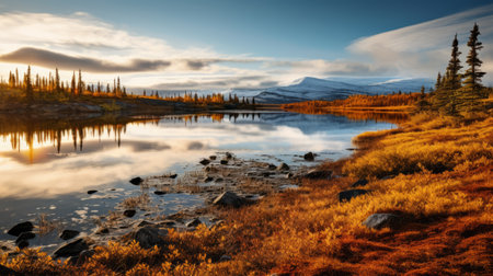 a serene lake in the tundra, surrounded by vibrant teak trees in full autumn splendor. the calm water reflects the vibrant colors, creating a tranquil scene that captures the beauty of nature during the fall season. shot during golden hour, the soft, warm light illuminates the tundra, adding to the overall serenity of the image. ai generatedの素材