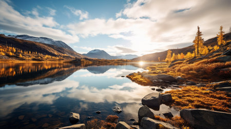 a serene lake in the tundra, surrounded by vibrant teak trees in full autumn splendor. the calm water reflects the vibrant colors, creating a tranquil scene that evokes a sense of serenity and appreciation for the beauty of nature during the fall season. shot during golden hour, the soft, warm light illuminates the tundra. ai generatedの素材