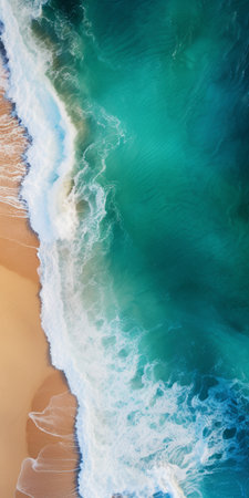 aerial shot of beach and ocean showcasing realistic hyper-detail, sublime color contrasts, naturalistic ocean waves, and vibrant color combinations. the soft-focus technique adds to the overall photorealistic detail of this high-resolution image. ai generatedの素材