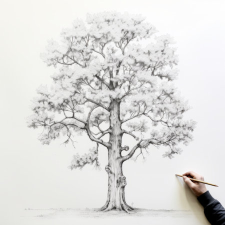 an artist, charles spencelayh, creates a large-scale muralist masterpiece by drawing a realistic and hyper-detailed tree using charcoal on paper. the artwork showcases a combination of light white and light crimson shades, capturing the intricate details of the tree. this piece reflects the artist's talent for creating detailed character illustrations with a touch of minimalistic symmetry. ai generatedの素材