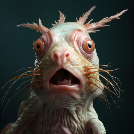 a rabbit with a strong facial expression holds a fish in this expressive facial animation. the image combines elements of security camera footage with the artistic styles of patricia piccinini and giuseppe arcimboldo. the video-like quality and zombiecore aesthetic add an intriguing twist to the overall composition. ai generatedの素材
