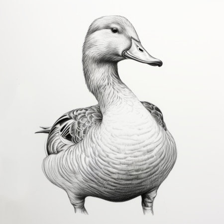a serene duck is positioned in front of a pencil on a table. this hyper-detailed illustration showcases dark silver and gray tones, resembling hyper-realistic animal illustrations. the artwork is captured using a minolta riva mini camera, highlighting realistic figures and intricate patterns. the overall aesthetic can be described as "duckcore.", ai generatedの素材